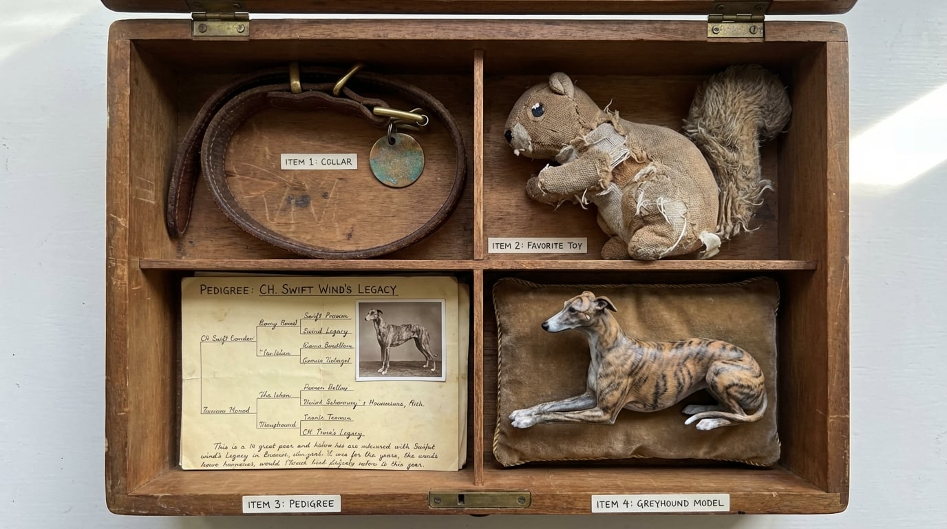 Open memory box with Greyhound collar and figurine
