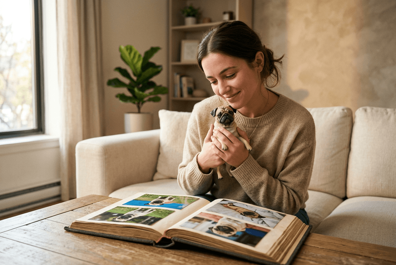 Woman holding a full-color 3D printed resin Pug figurine near her chest with a photo album open nearby