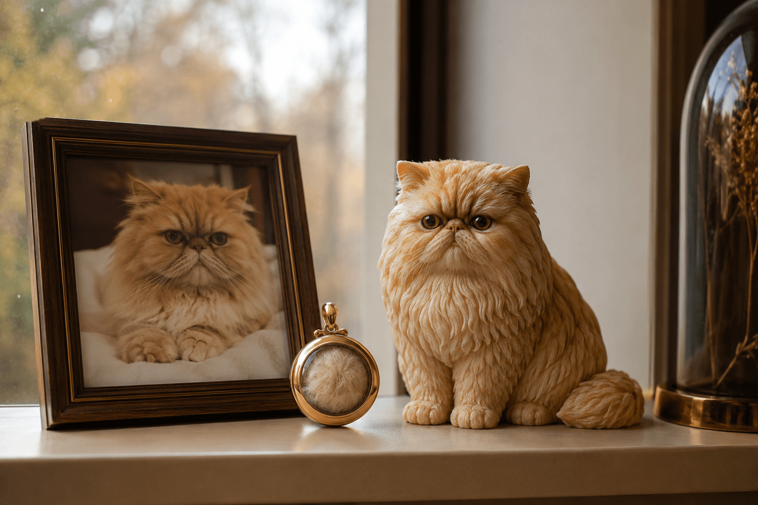 A fur-clipping locket and a fluffy Persian cat's full-color resin figurine on a soft-lit shelf by a window