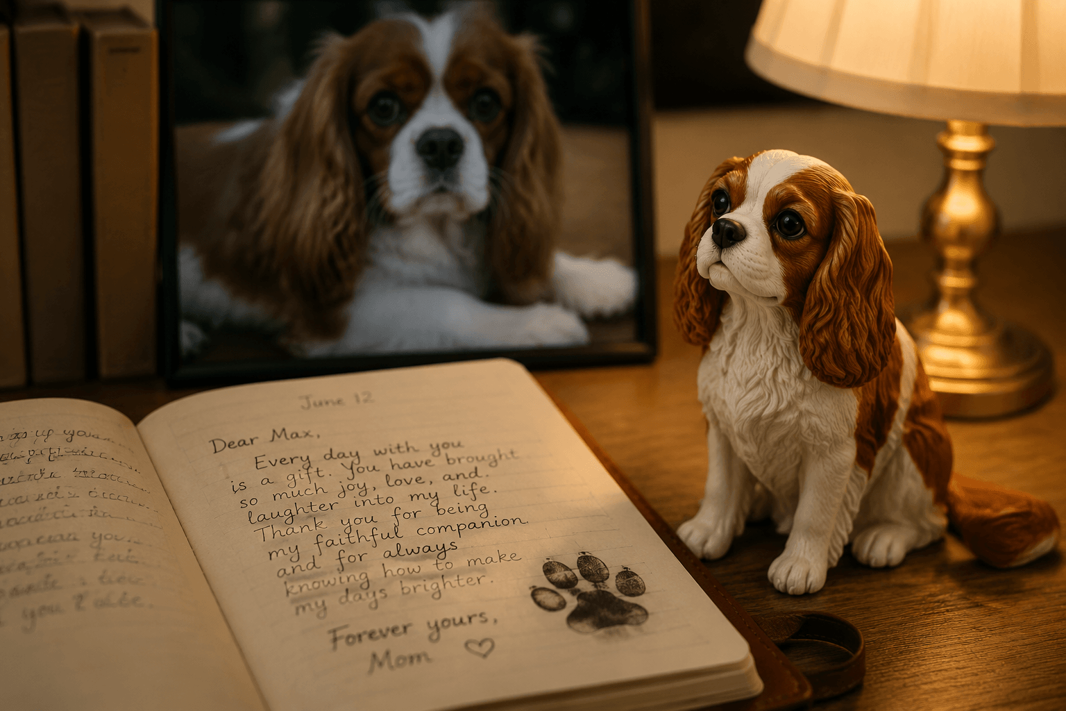 An open journal, a paw print, and a resin Cavalier King Charles Spaniel figurine on a calm lamp-lit desk