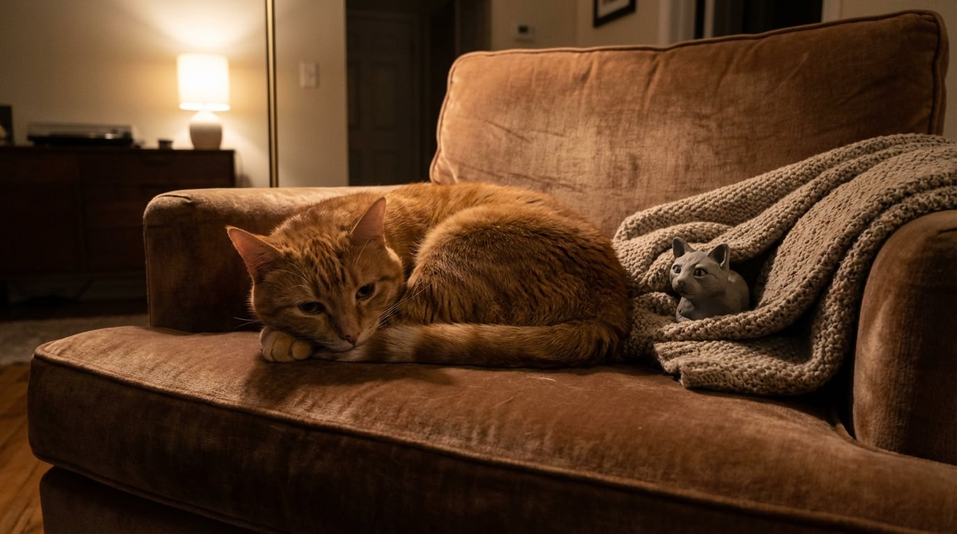 A real cat sleeping next to a figurine of its deceased littermate.