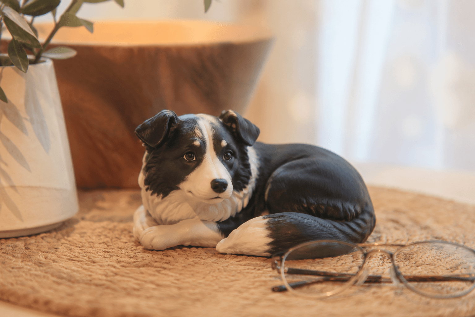 Full-color resin figurine of a Border Collie curled in a gentle resting pose