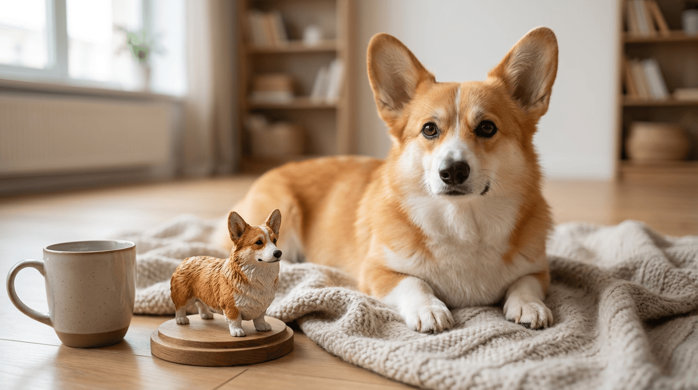 A Corgi sitting on a rug with a small custom figurine of itself on a coffee table nearby.