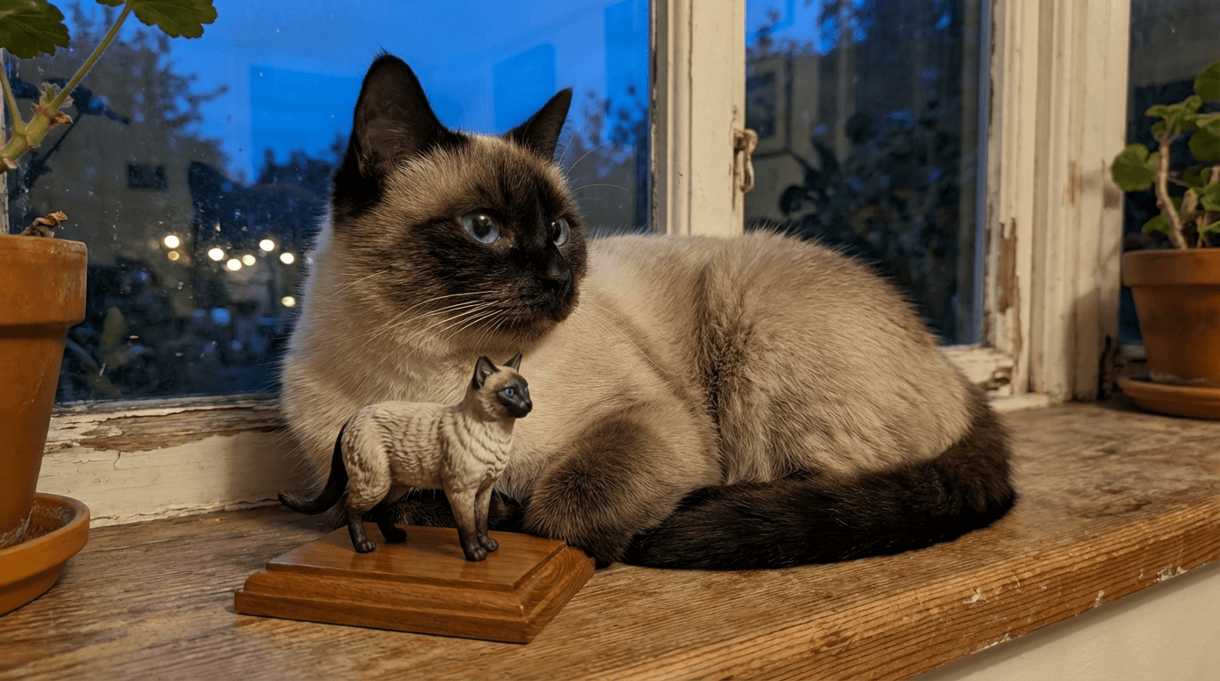 A Siamese cat looking out a rainy window with a small figurine of itself sitting on the sill.