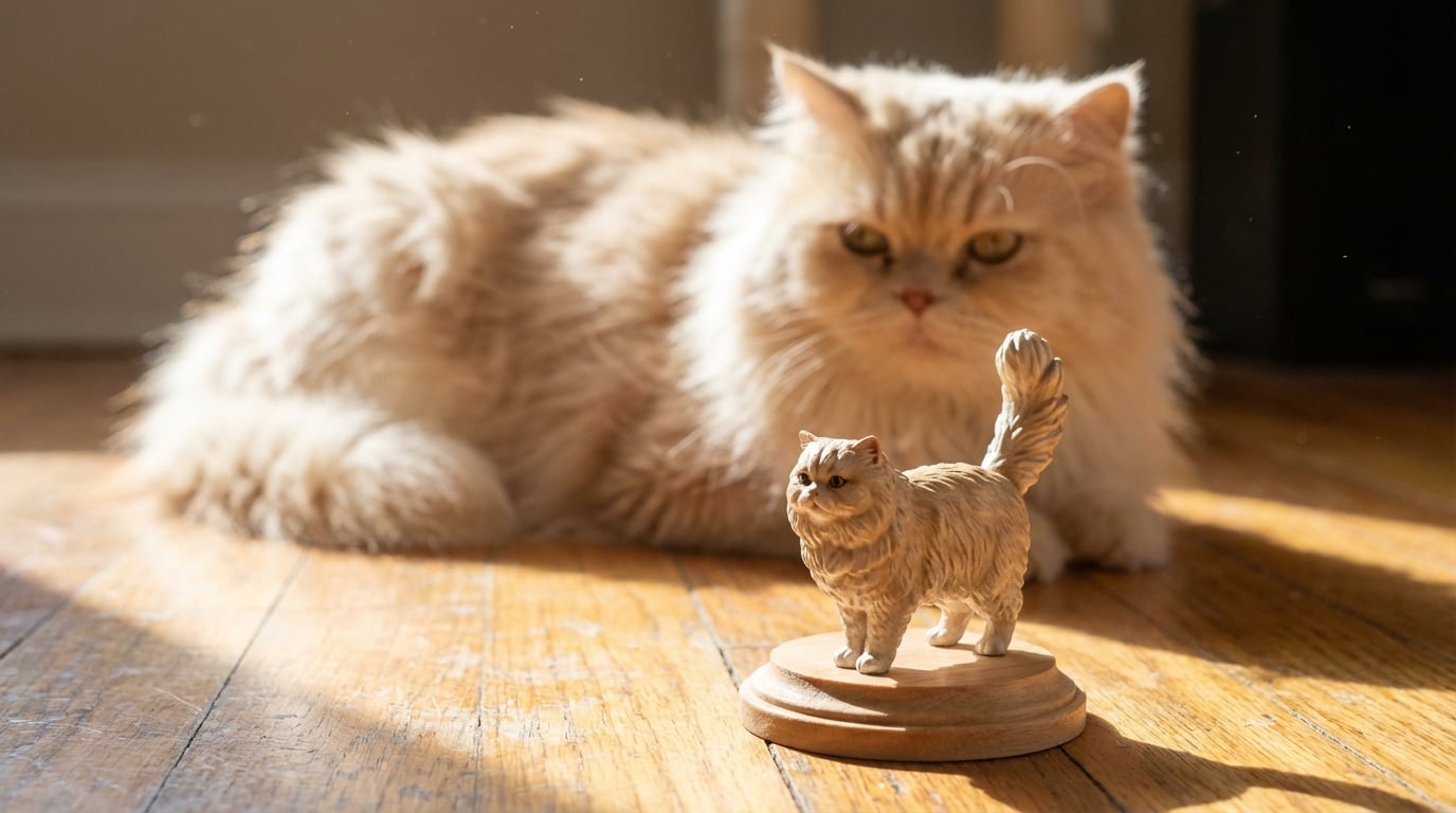 A fluffy Persian cat lying in a sunbeam with a figurine of itself placed in the light.