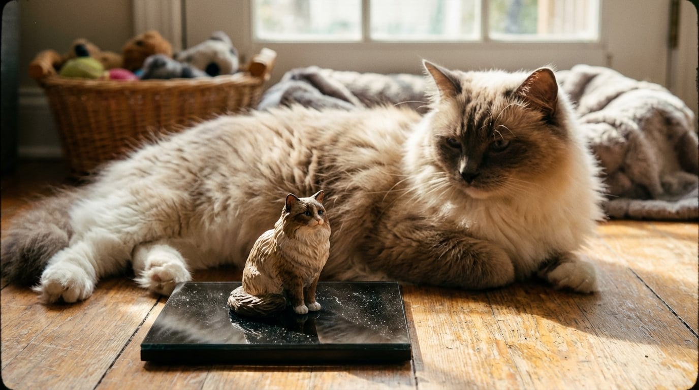 A perfectly groomed Ragdoll cat sitting next to a comb and a custom figurine.