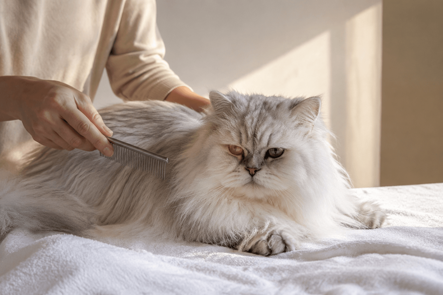 Senior Persian cat being gently brushed on a soft towel in a calm, minimalist room