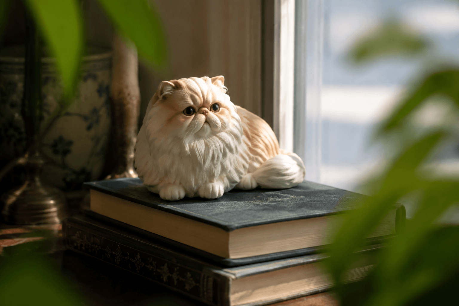 Senior Persian cat figurine lying calmly with a full coat