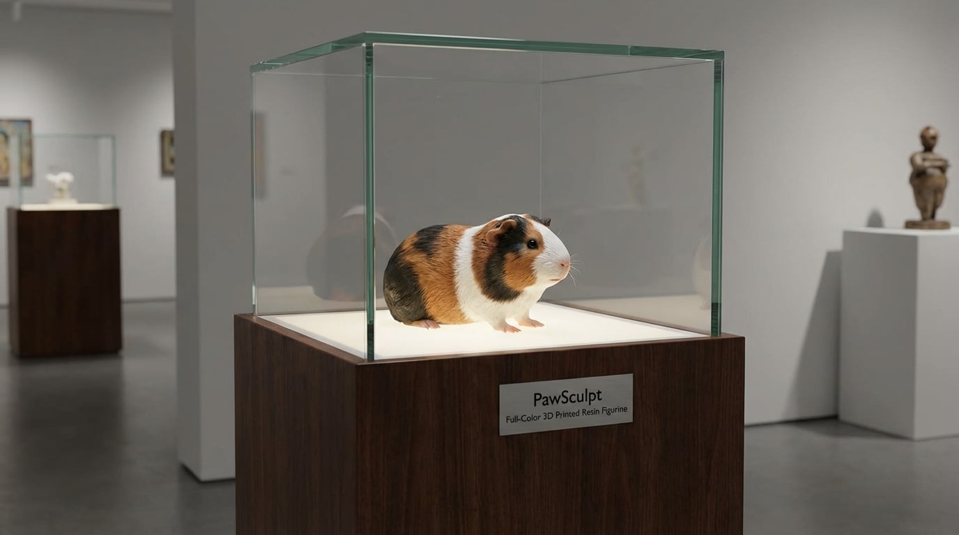 Guinea pig figurine displayed in a museum case