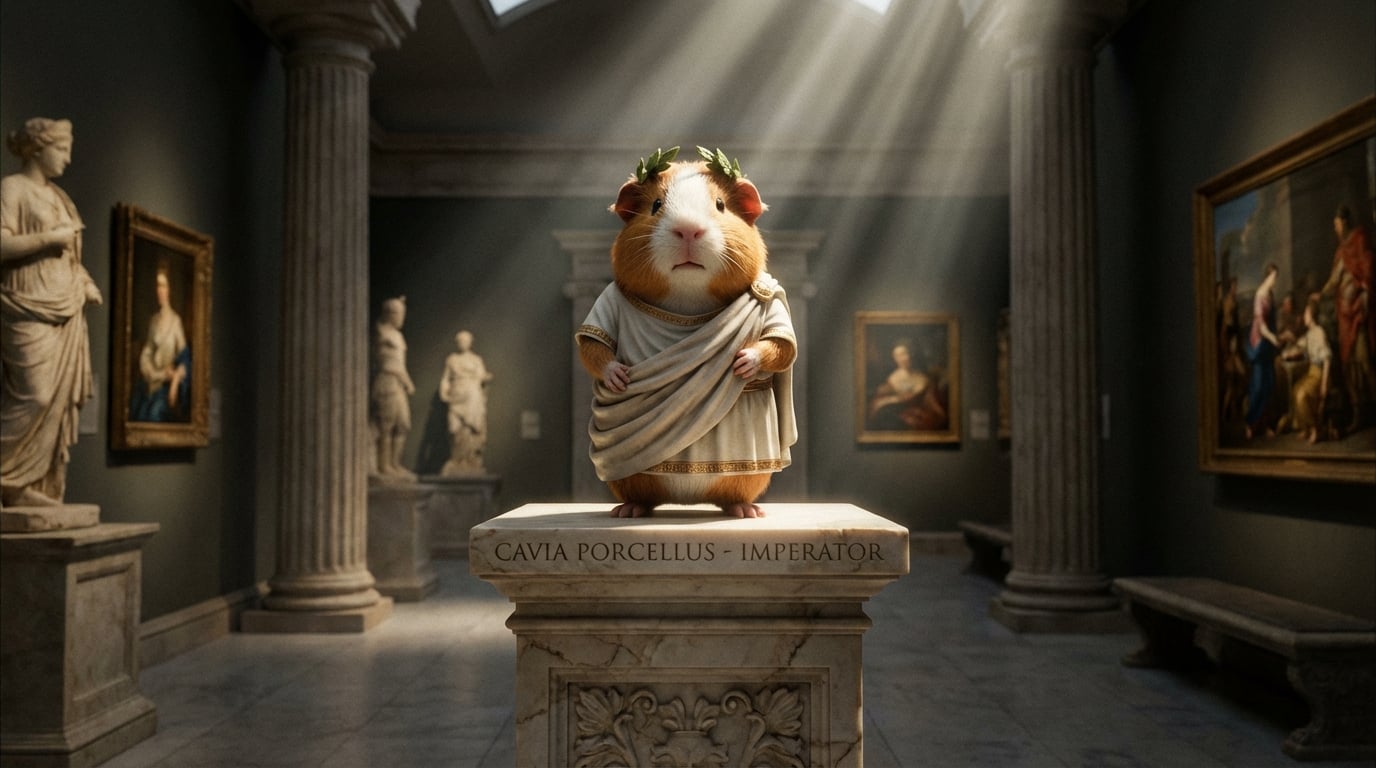 Guinea pig figurine on a marble pedestal in dramatic light