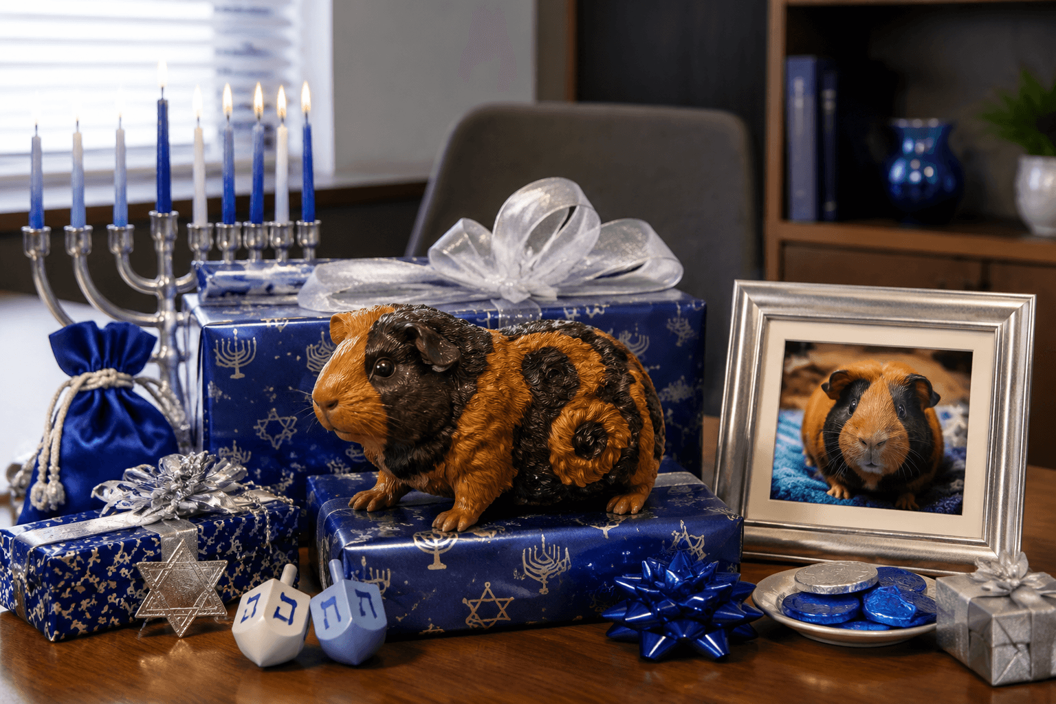 Hanukkah gift display with full-color 3D printed resin guinea pig figurine among blue and silver wrapped gifts on office desk