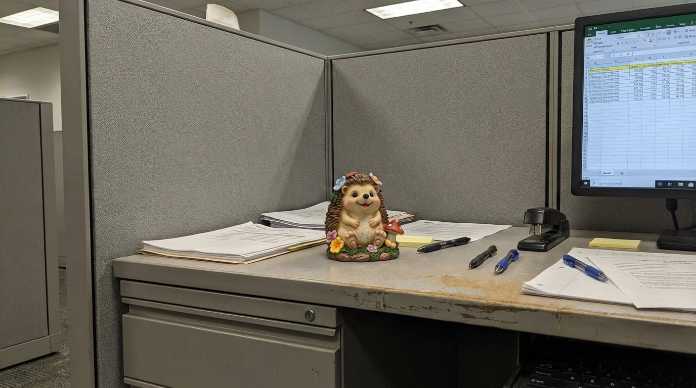 Hedgehog figurine brightening a dull office desk