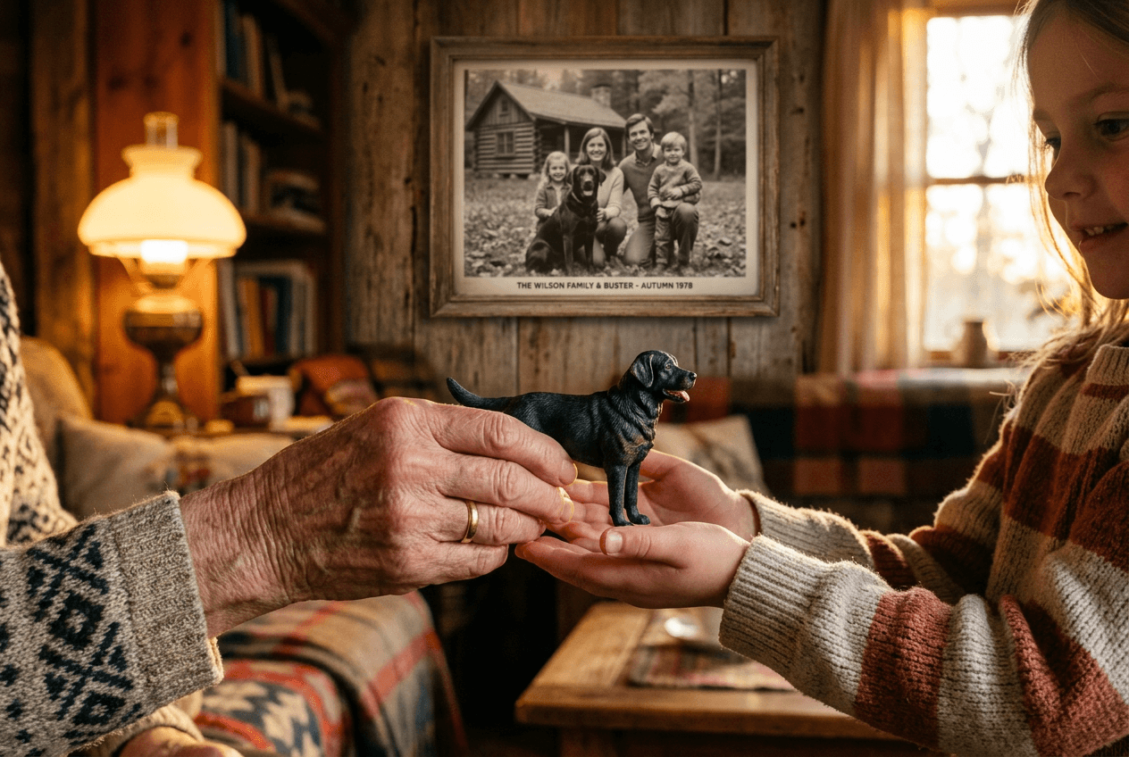 Grandmother passing a full-color 3D printed resin Labrador figurine to a child with a vintage family photo behind