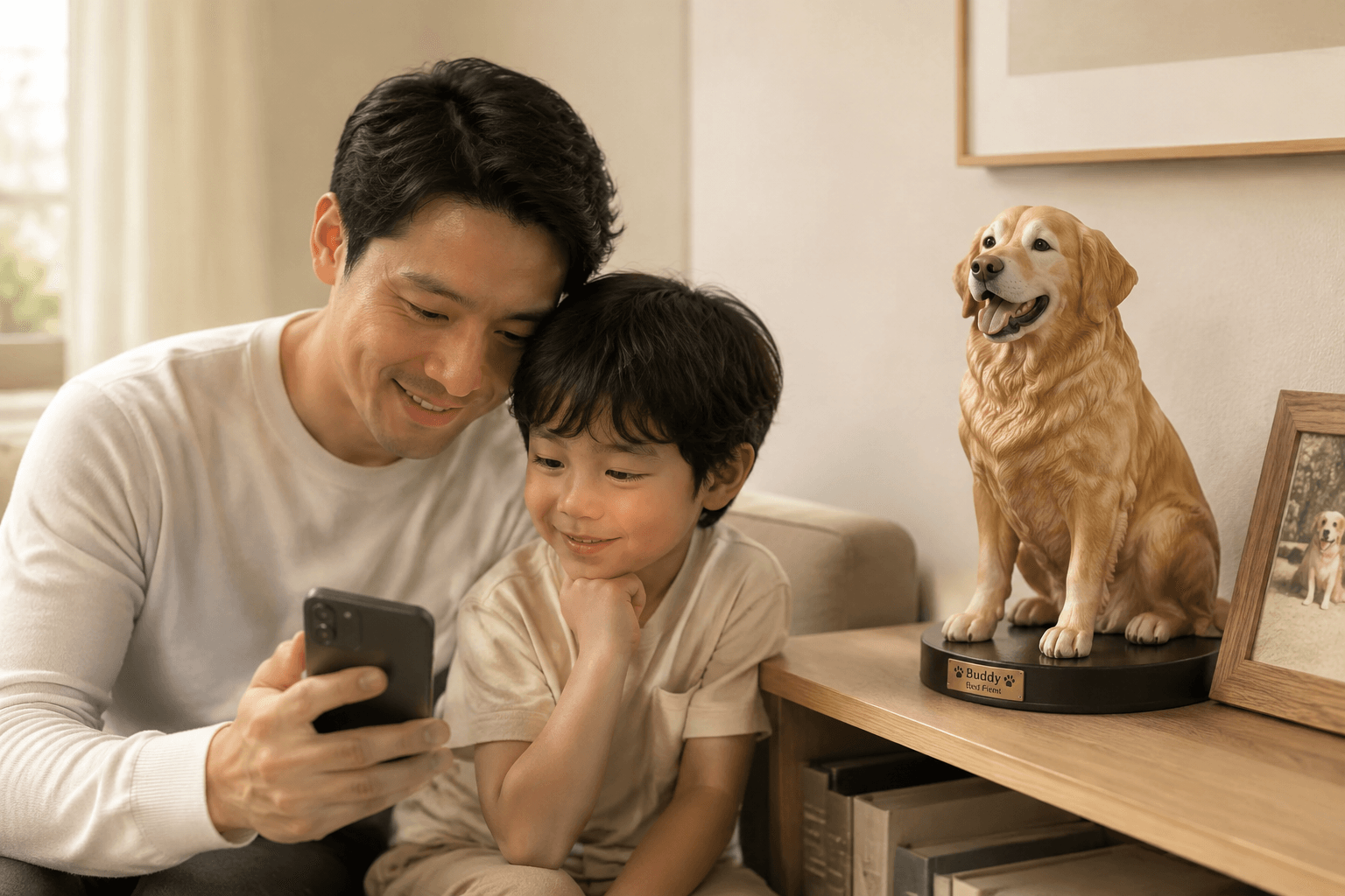 Parent and child viewing a phone photo near a Golden Retriever resin figurine on a low shelf