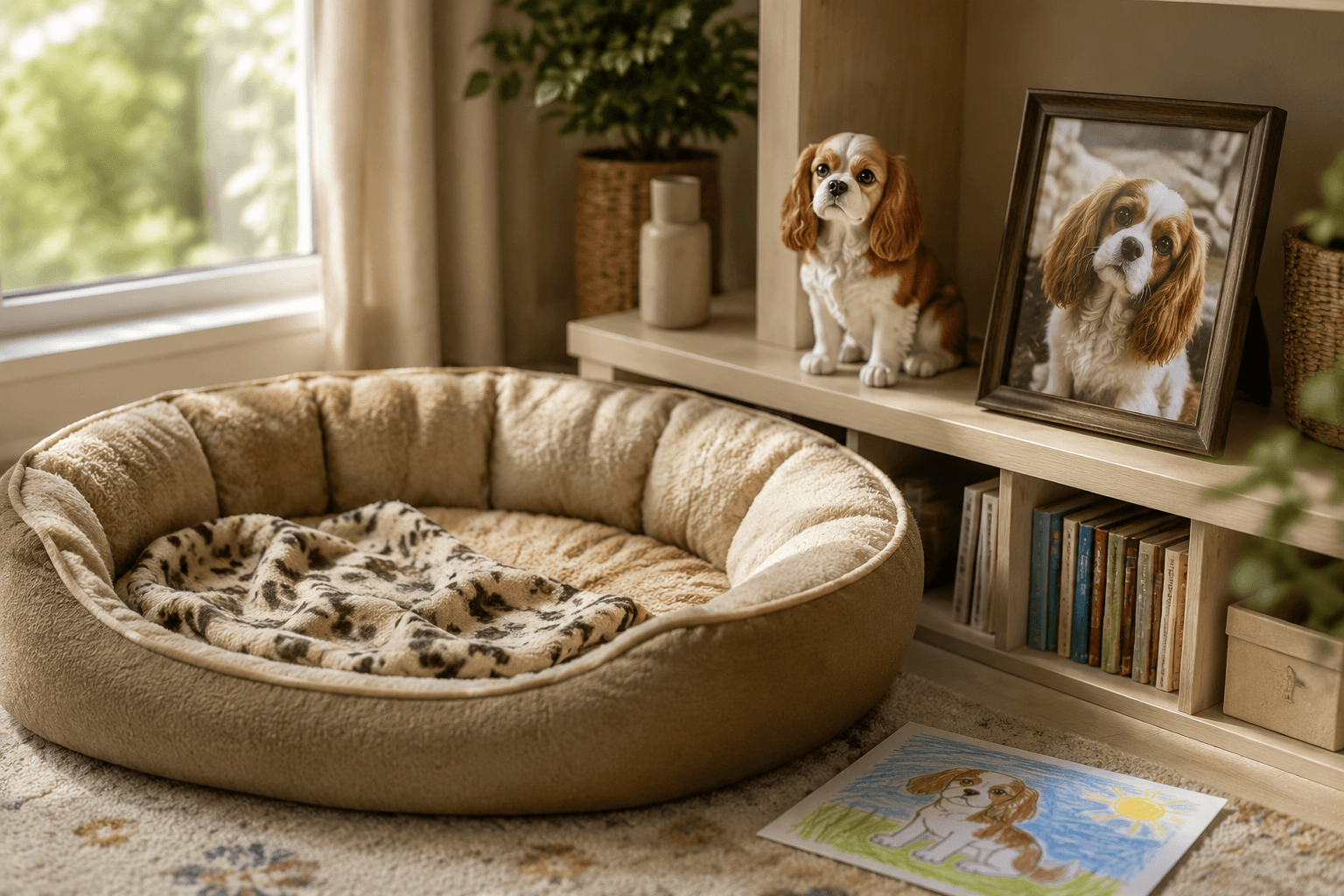 An empty dog bed and a child's drawing beside a Cavalier's full-color resin figurine in a warm family home