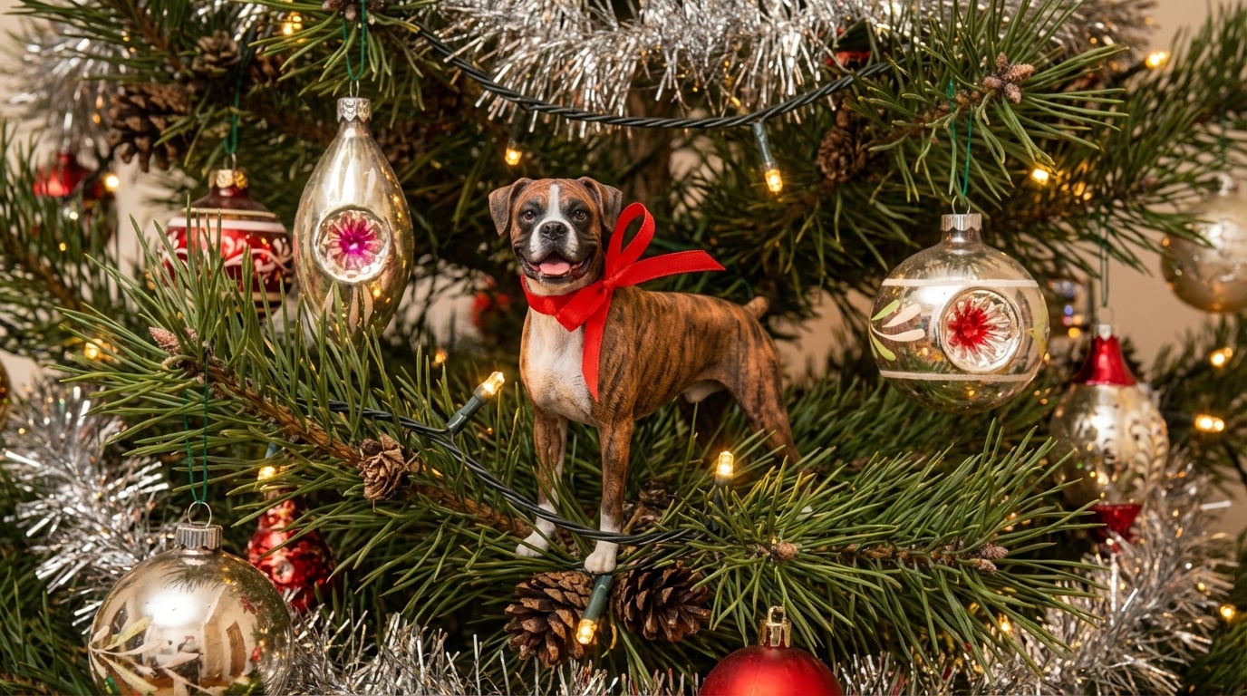 Boxer figurine hanging as an ornament on a Christmas tree