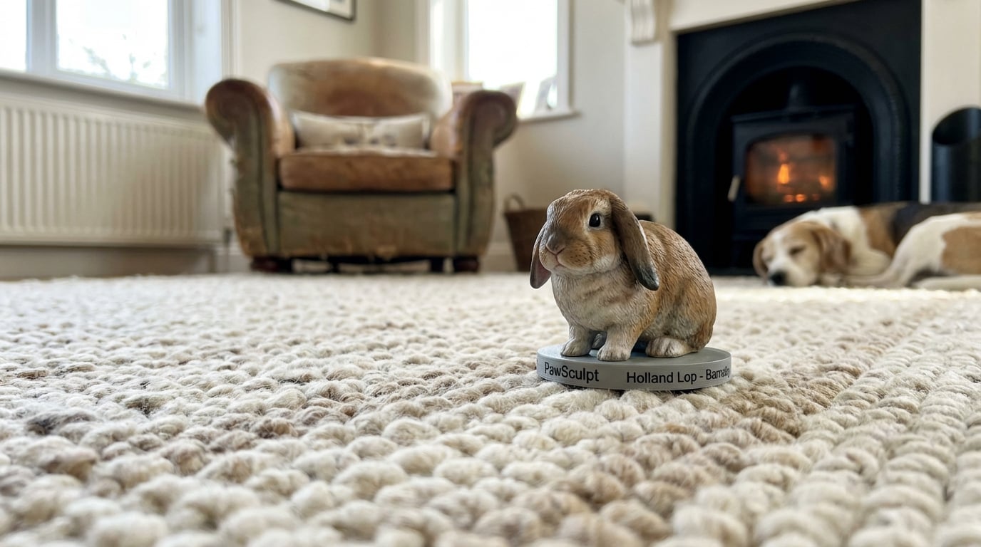 Rabbit figurine displayed at floor level on a rug