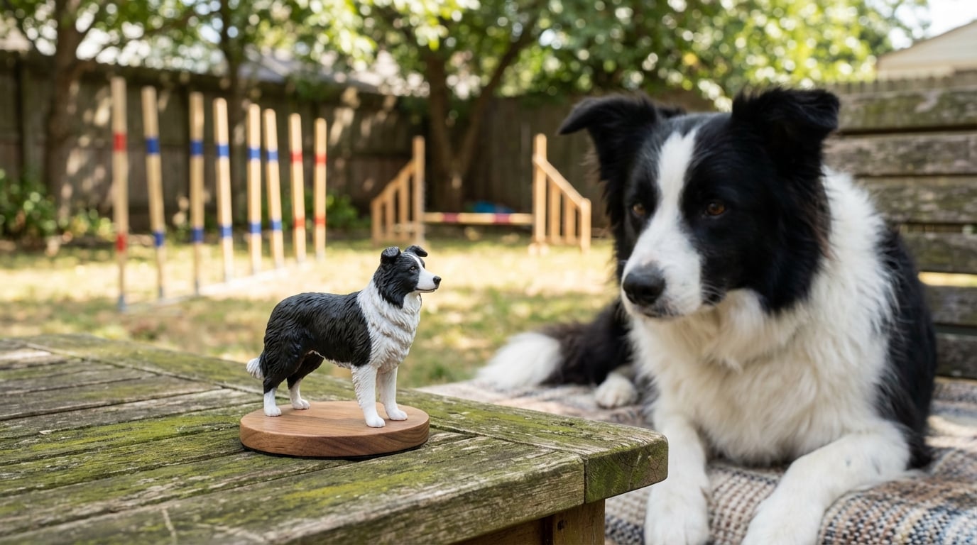 A Border Collie sitting next to agility equipment with a figurine of itself posed in action.