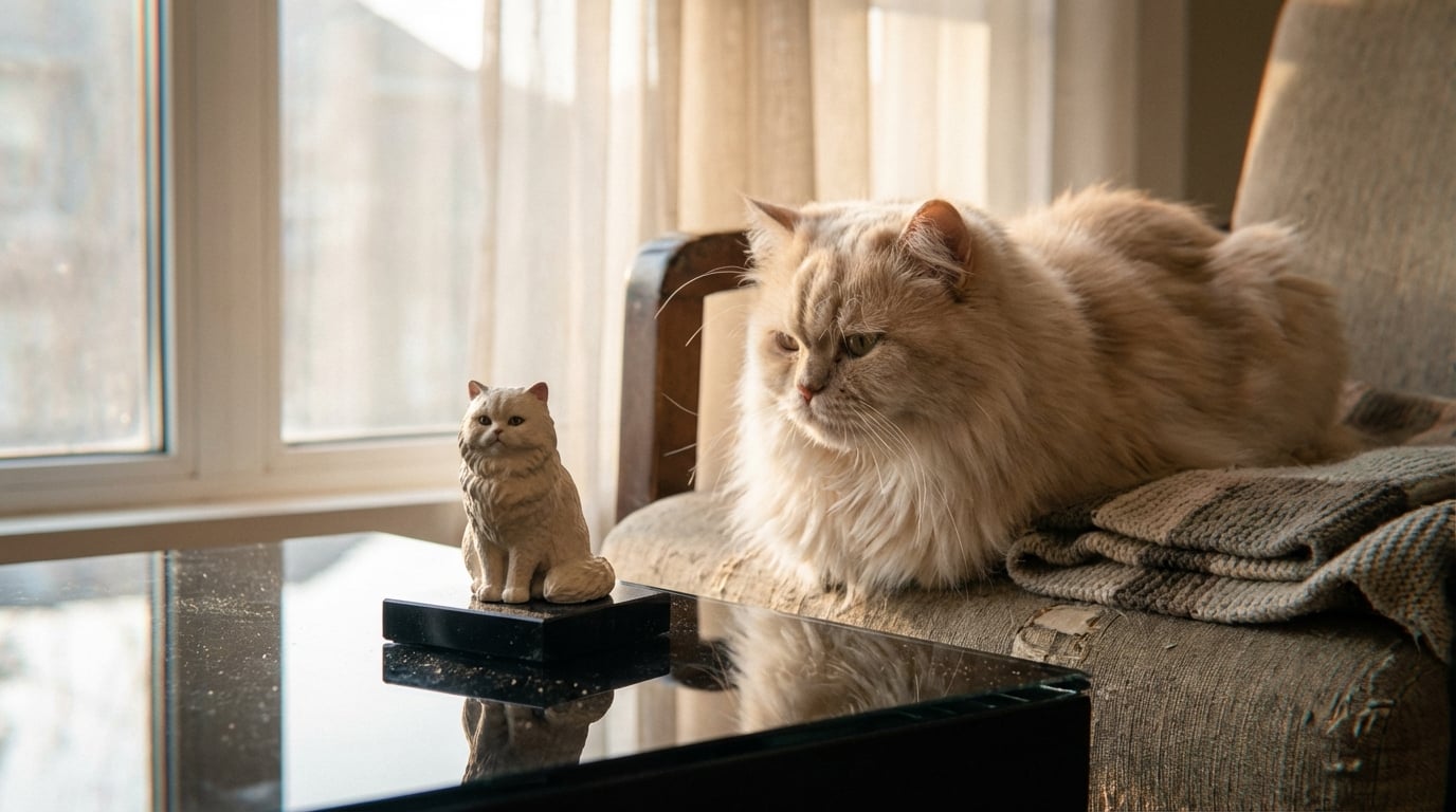 A fluffy Persian cat sitting near a grooming brush and a custom figurine, representing a sudden loss.