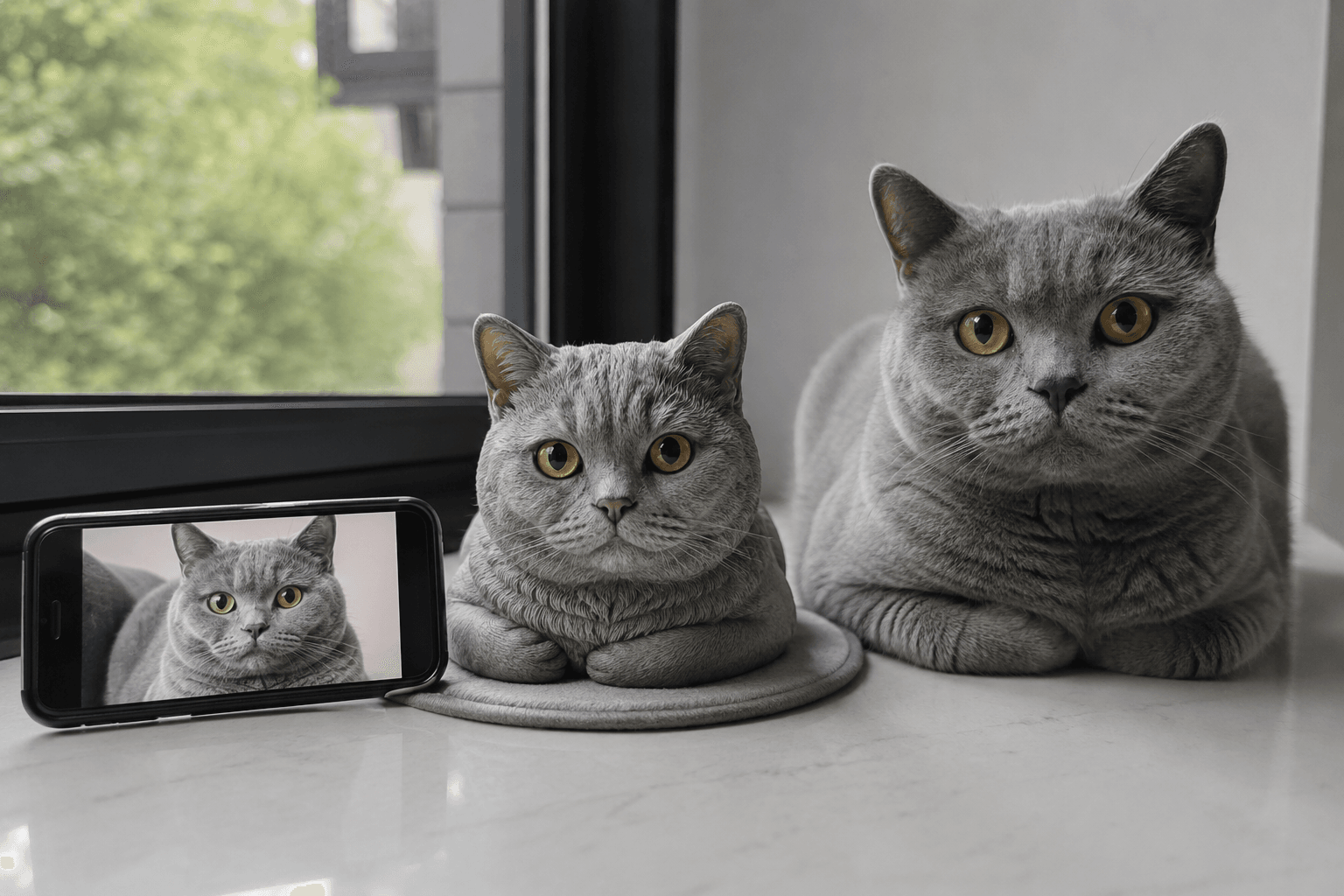 A phone showing a British Shorthair photo leaning on a resin figurine of the same cat on a quiet windowsill