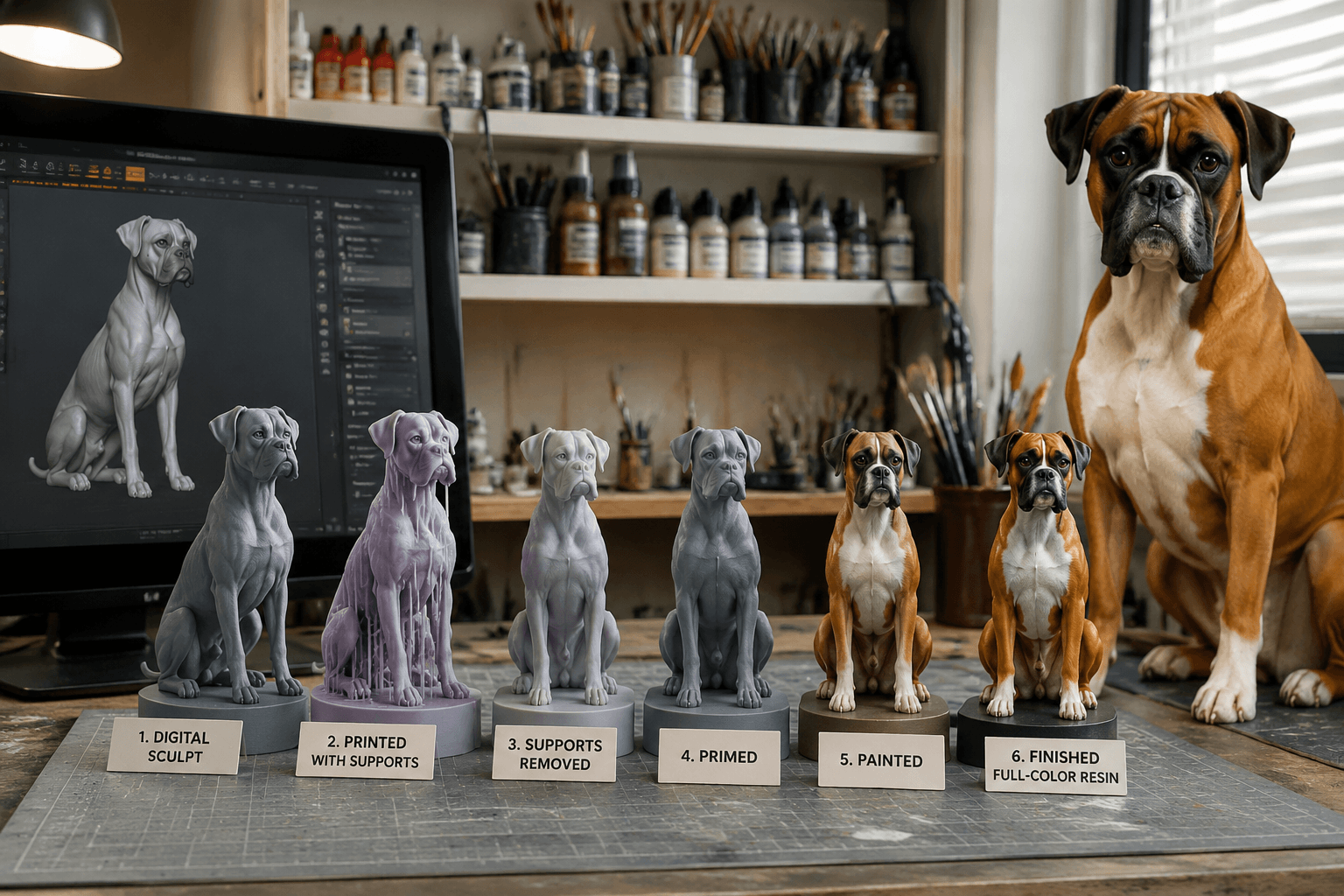 Stages of a Boxer's full-color resin figurine on an artist bench with the real Boxer sitting alertly nearby