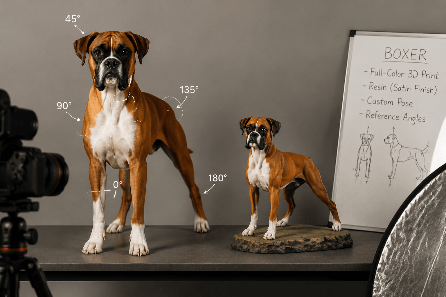A short-coat Boxer being photographed for a figurine beside a custom-posed Boxer resin figurine