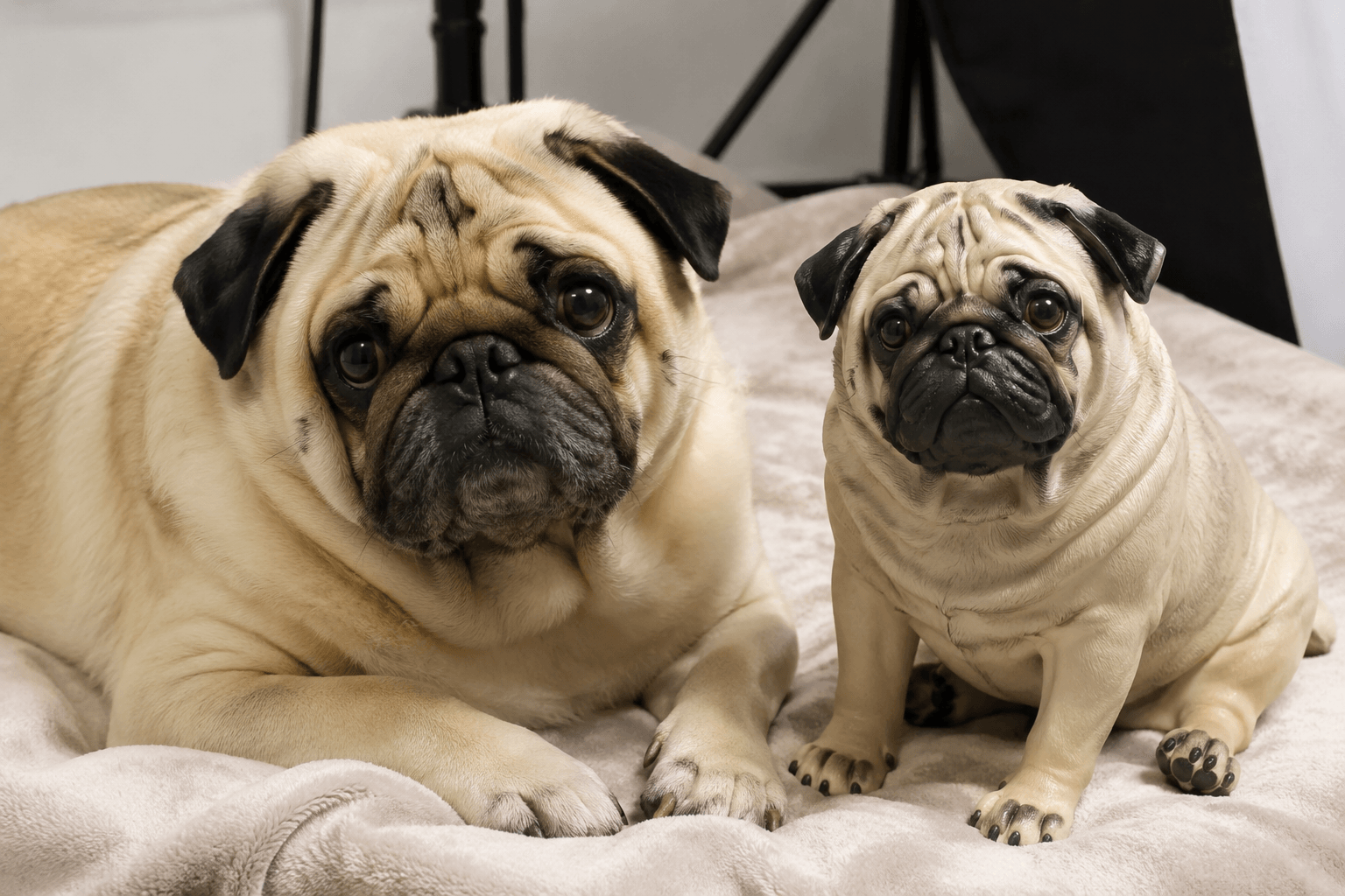 A wrinkled-face Pug on a blanket beside its detailed full-color resin figurine in an artist photo setup