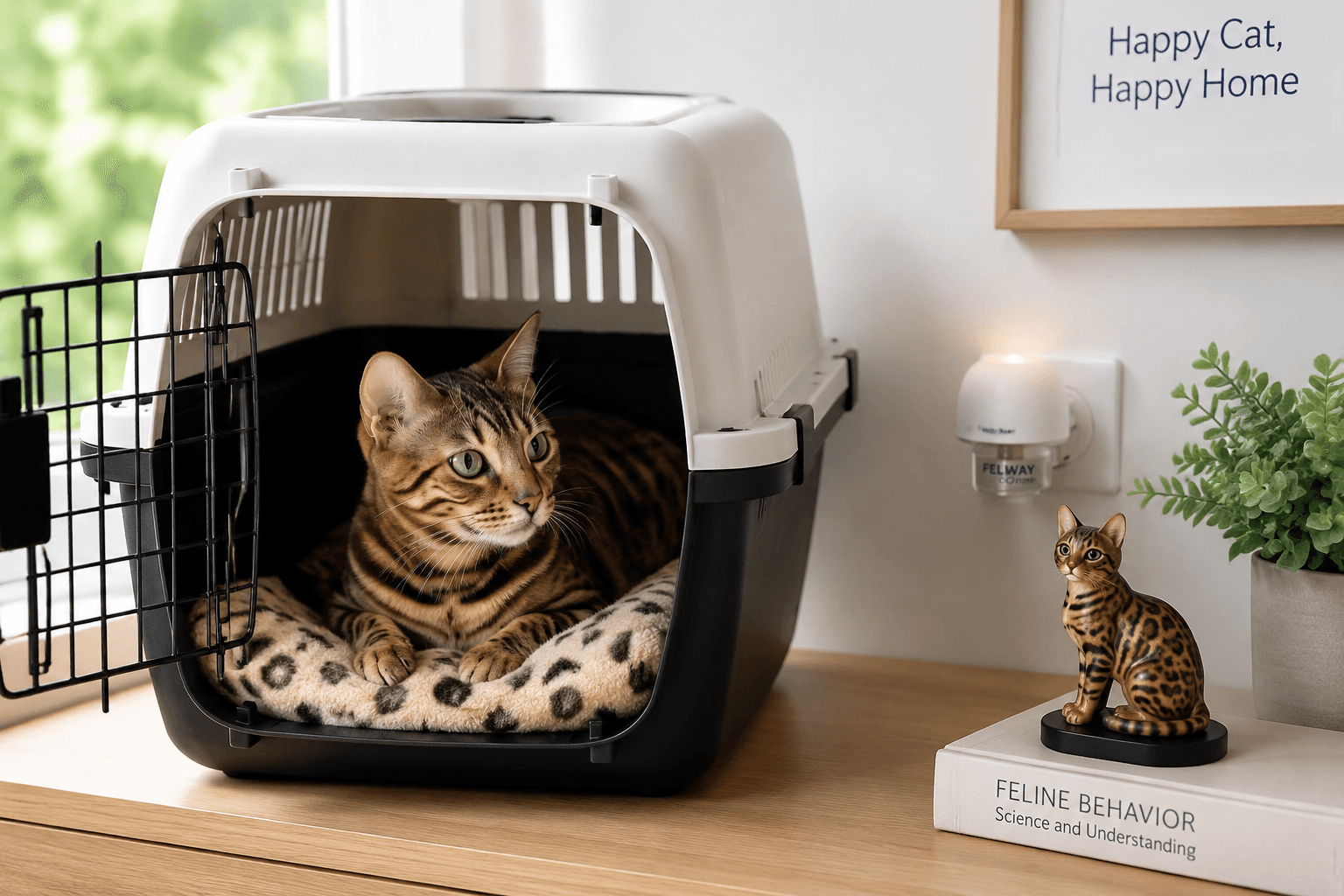 A relaxed Bengal cat resting in an open carrier at home with a small Bengal figurine on a shelf