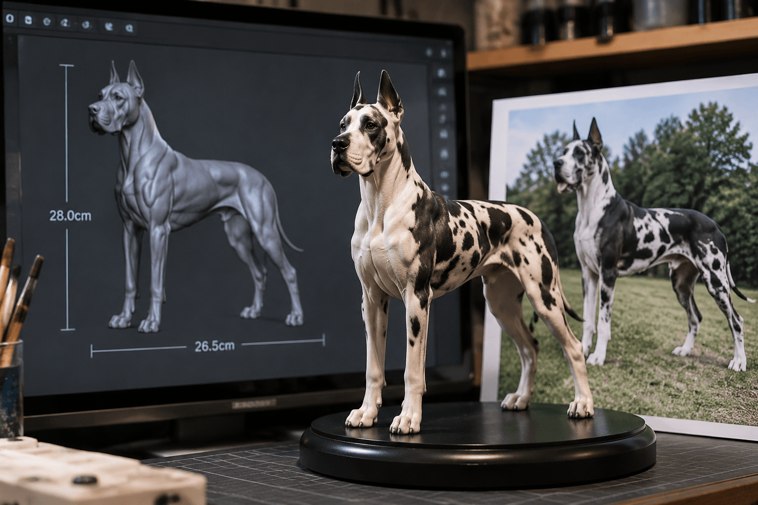A resin Great Dane figurine beside a screen showing its scaled digital sculpt and a photo of the real dog