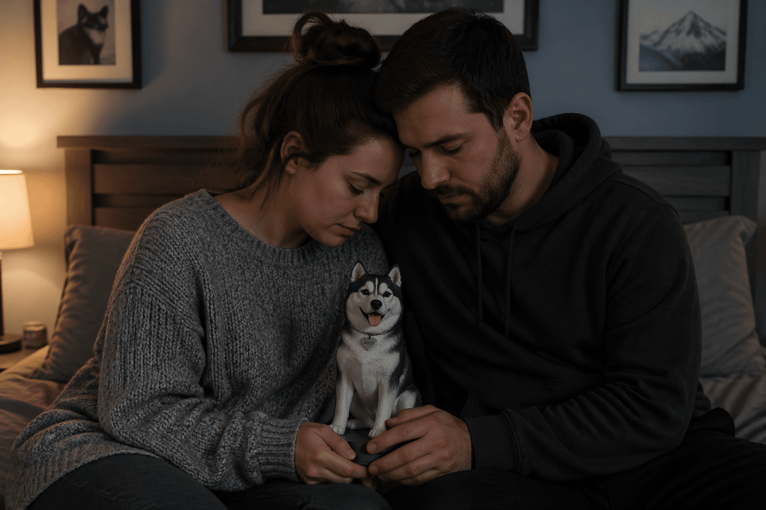 Couple sitting together with Husky figurine showing shared grief