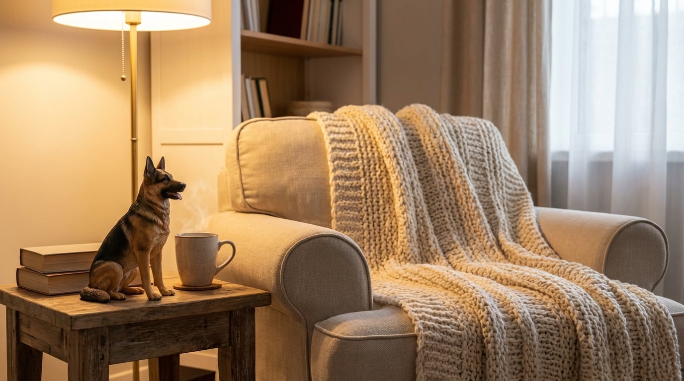 German Shepherd figurine in a cozy Hygge setting
