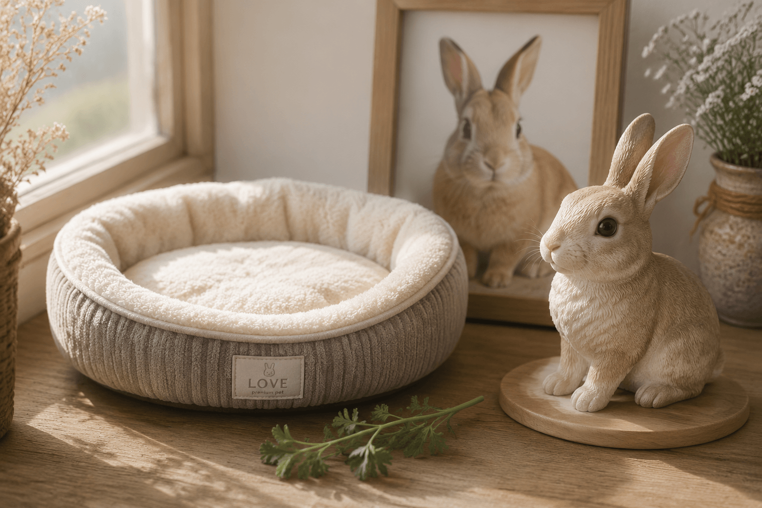 An empty rabbit bed with fresh greens beside a Rabbit resin figurine and a soft photo of the real rabbit
