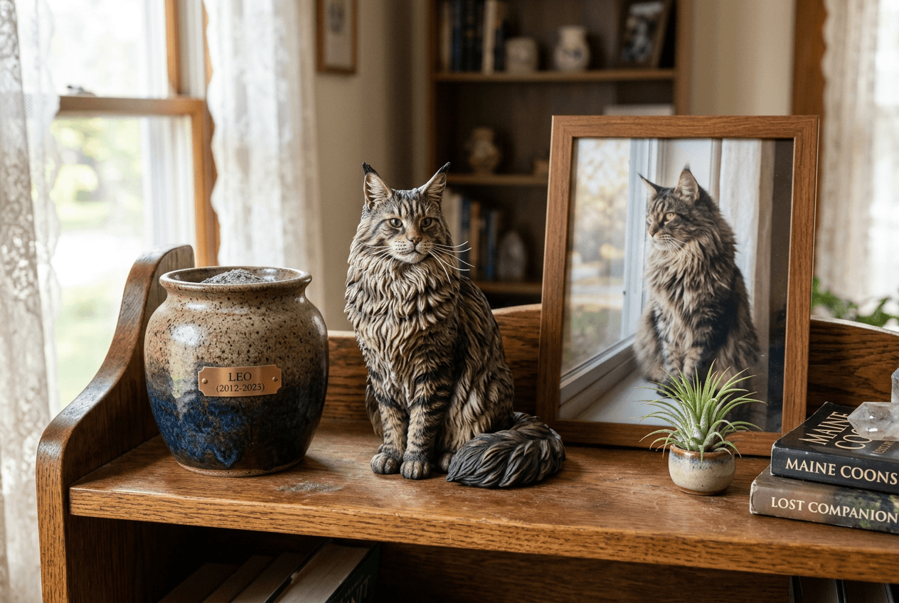 Maine Coon 3D figurine next to ceramic urn and framed photo on elegant memorial shelf