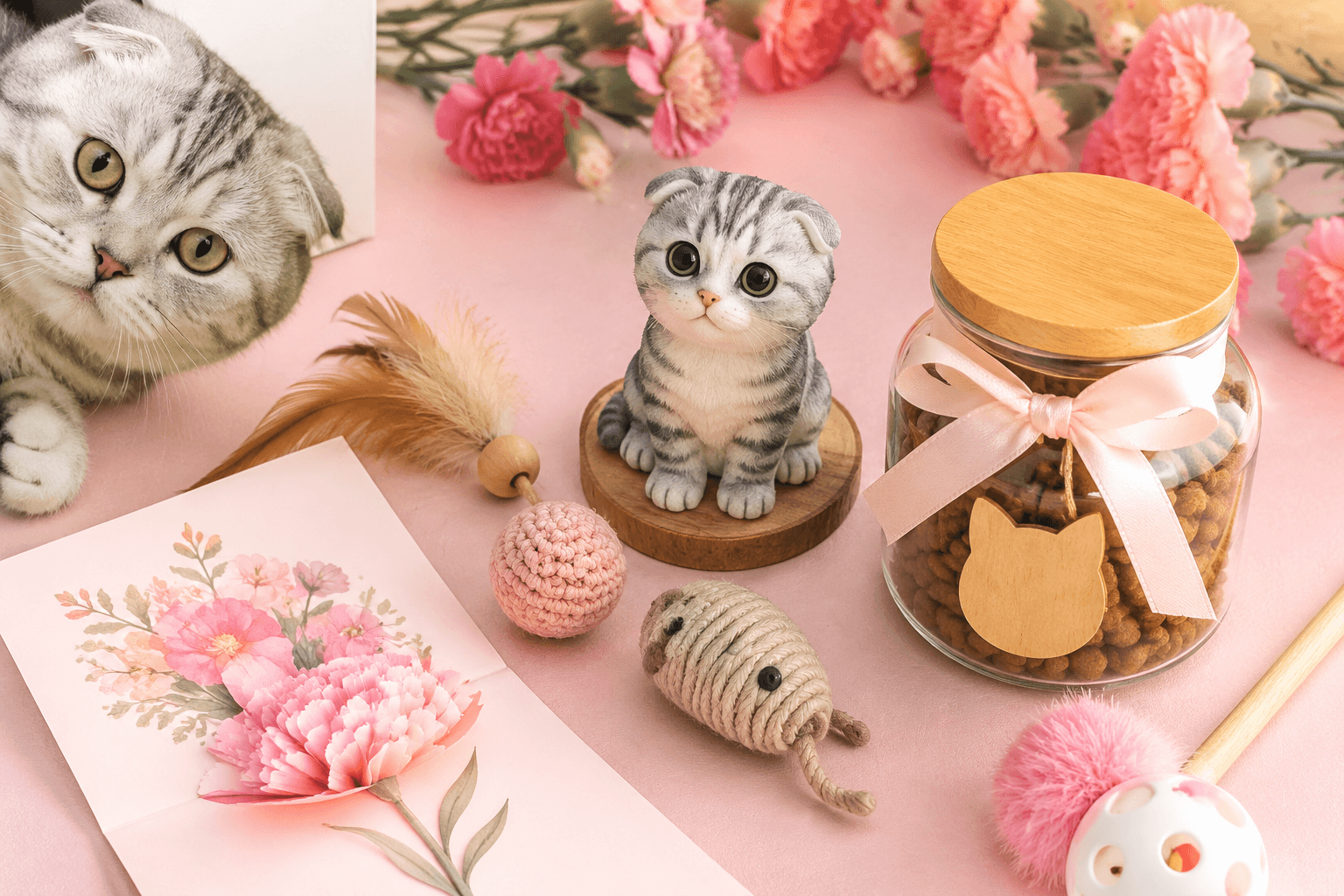 Flat-lay of cat gifts including a full-color 3D printed resin Scottish Fold figurine, toys, and Mother's Day card with real kitten peeking in