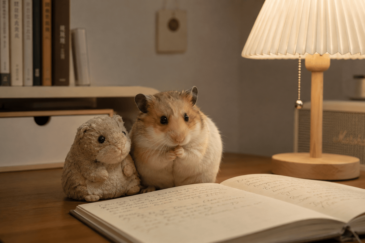 Worn hamster toy beside a full-color resin figurine and an open journal on a softly lit desk