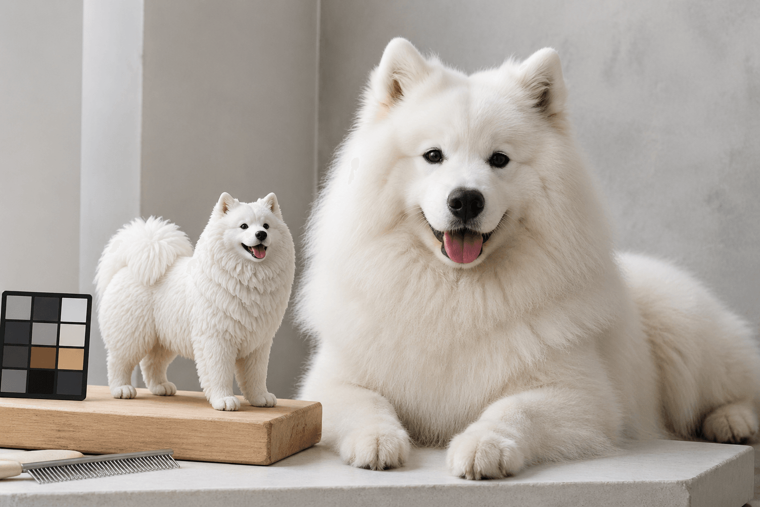 Samoyed beside a full-color resin figurine in a studio guide to long-coat accuracy