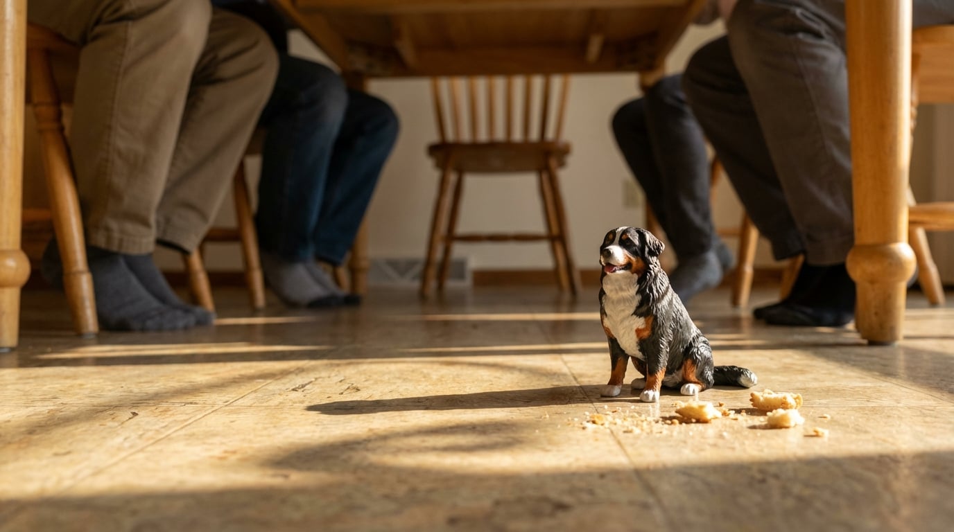 A Bernese Mountain Dog figurine under a kitchen table during breakfast.