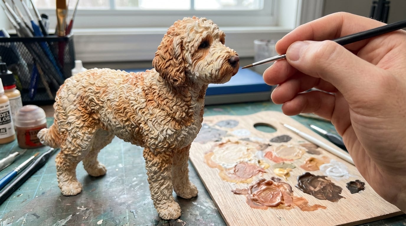 Paint palette and Labradoodle figurine in progress