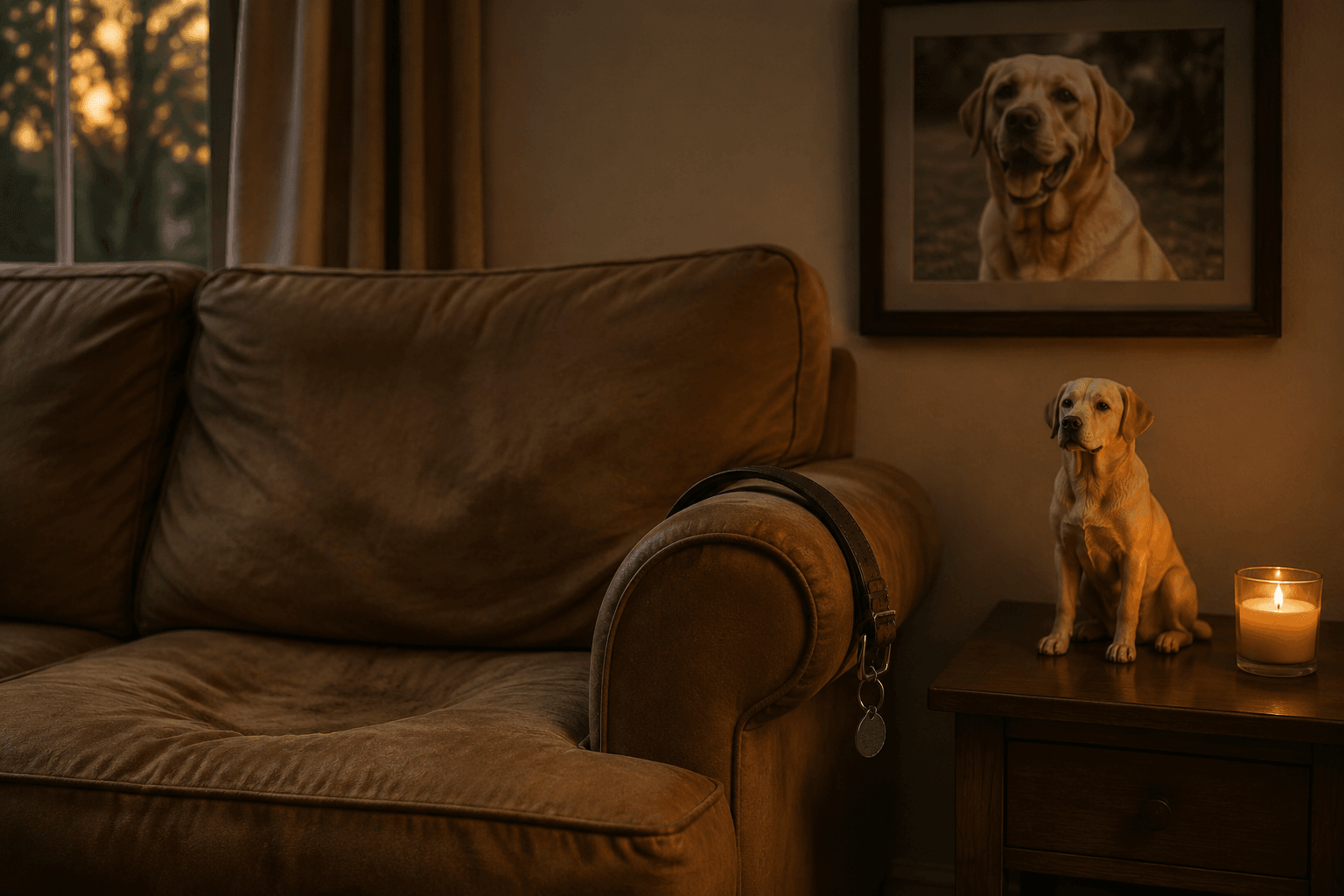 Empty couch with dog indent and Labrador collar on armrest, a full-color 3D printed resin Labrador figurine and candle on side table