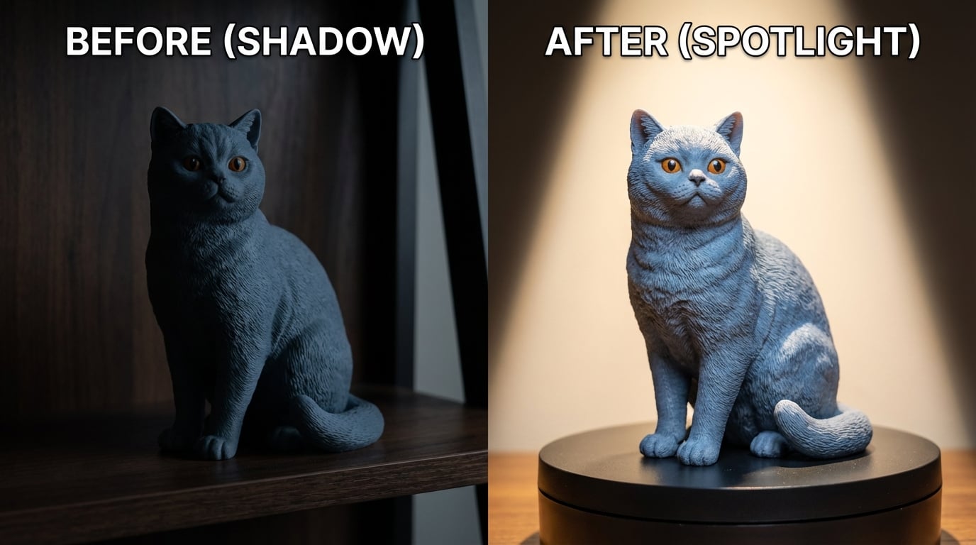 British Shorthair figurine in dark vs light.