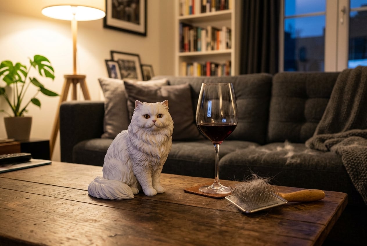 Full-color 3D printed resin figurine of a white Persian cat on a coffee table in a small apartment with evening lamplight