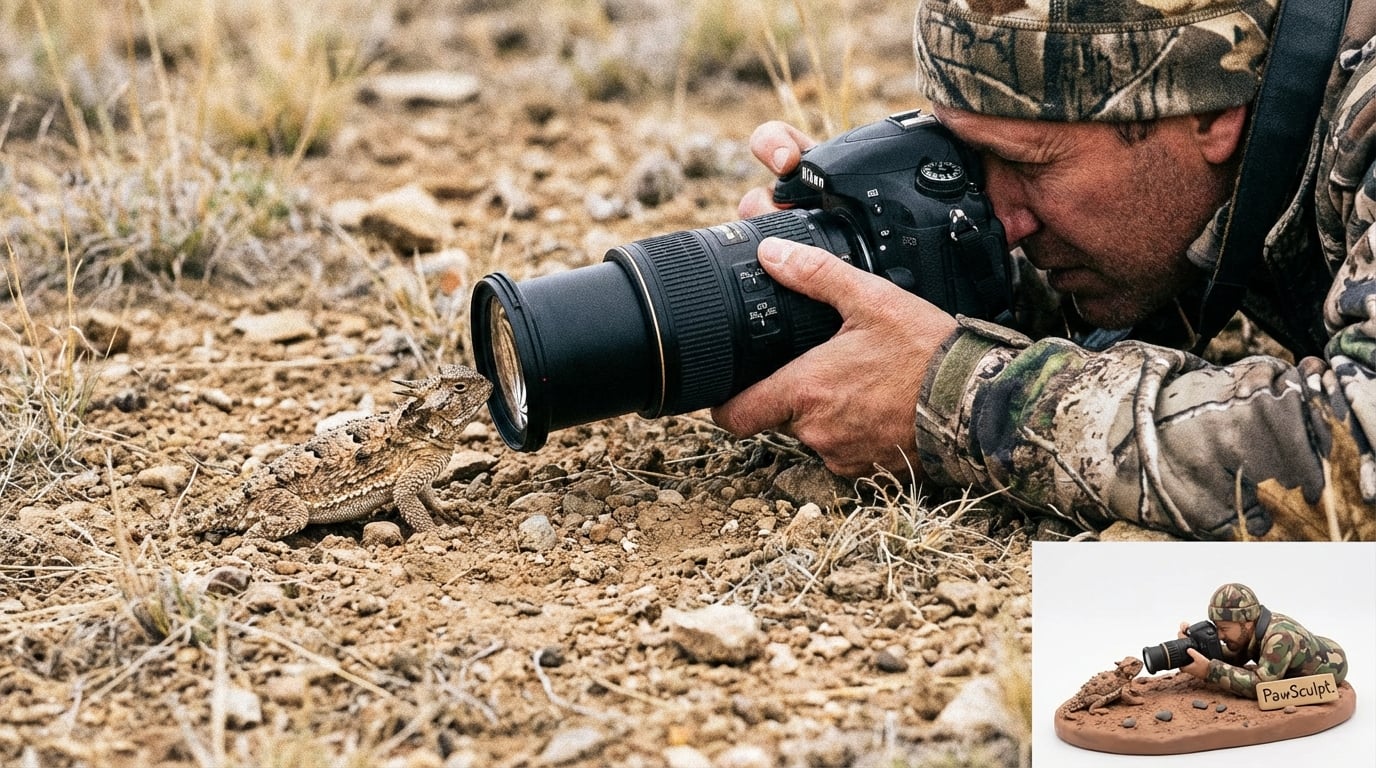 Photographer at eye level with a lizard