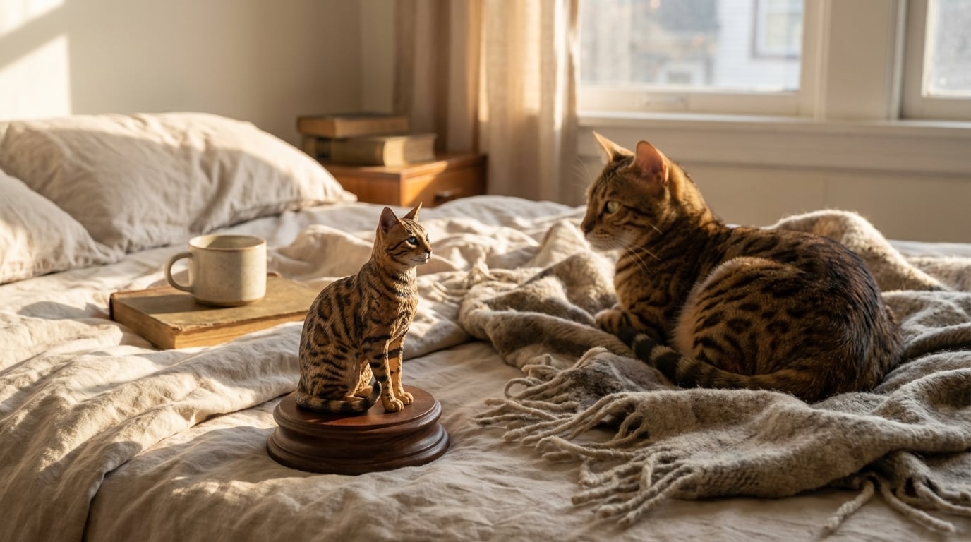 A Bengal cat walking across a bed duvet with a figurine of itself on the nightstand.
