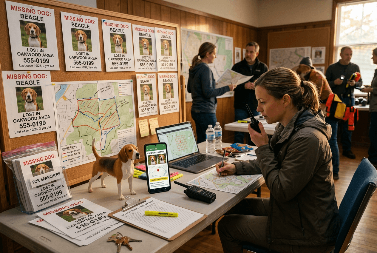 Lost Beagle search setup with flyers, a phone app, and a full-color 3D printed resin Beagle figurine