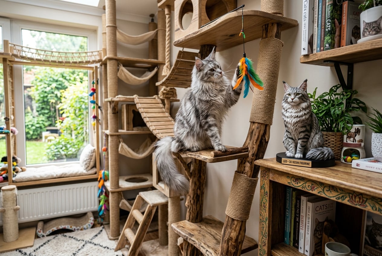 Maine Coon in enriched environment with figurine on shelf