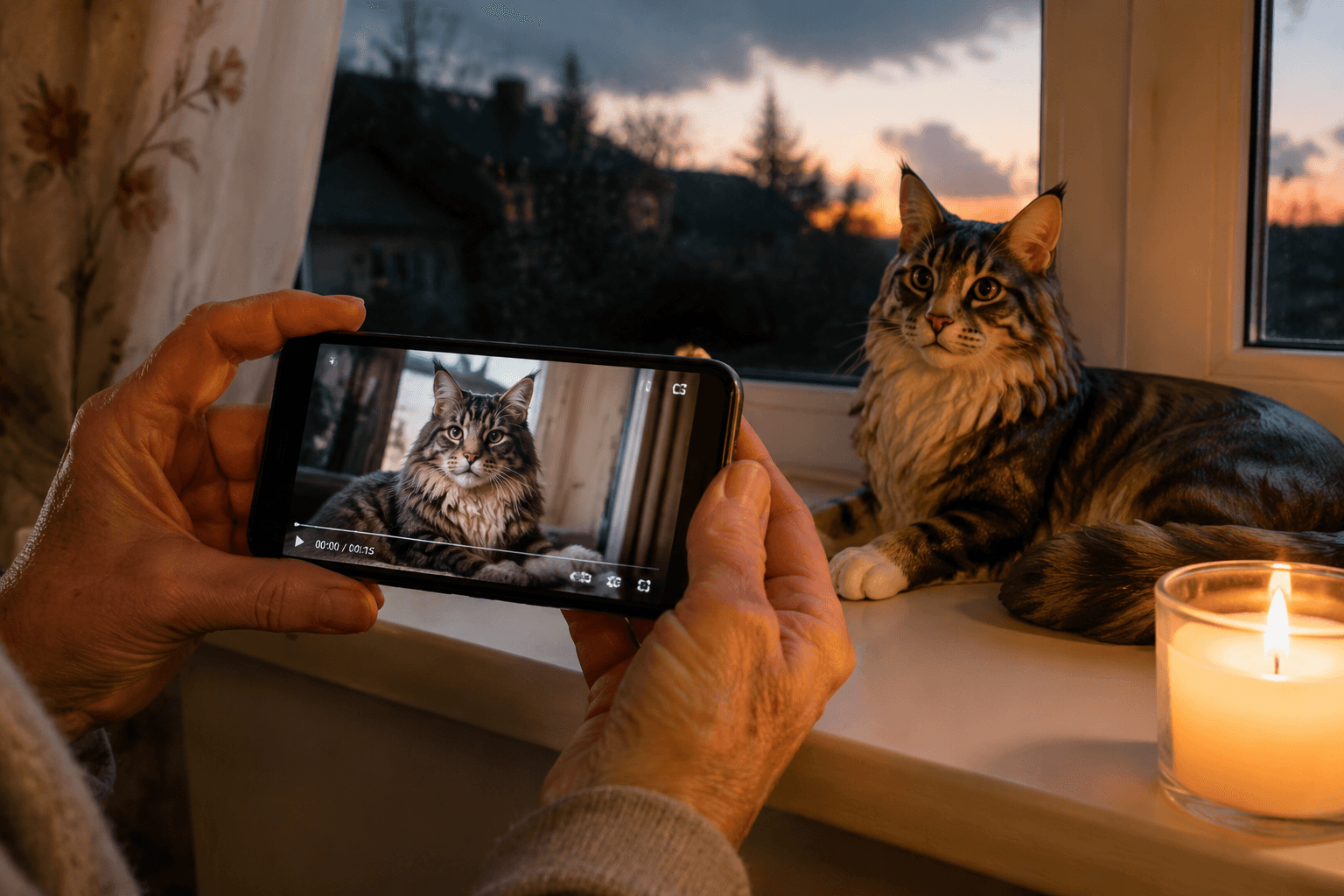 Elderly hands holding a phone with a Maine Coon video beside its full-color resin figurine and a candle