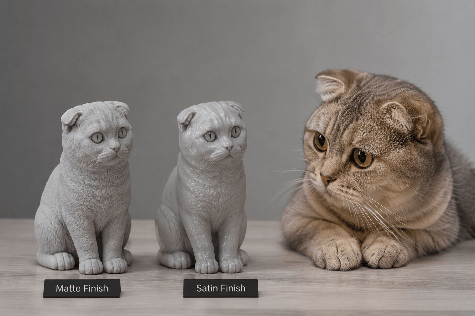 A real Scottish Fold cat next to two resin figurines showing matte and satin finishes of its folded ears