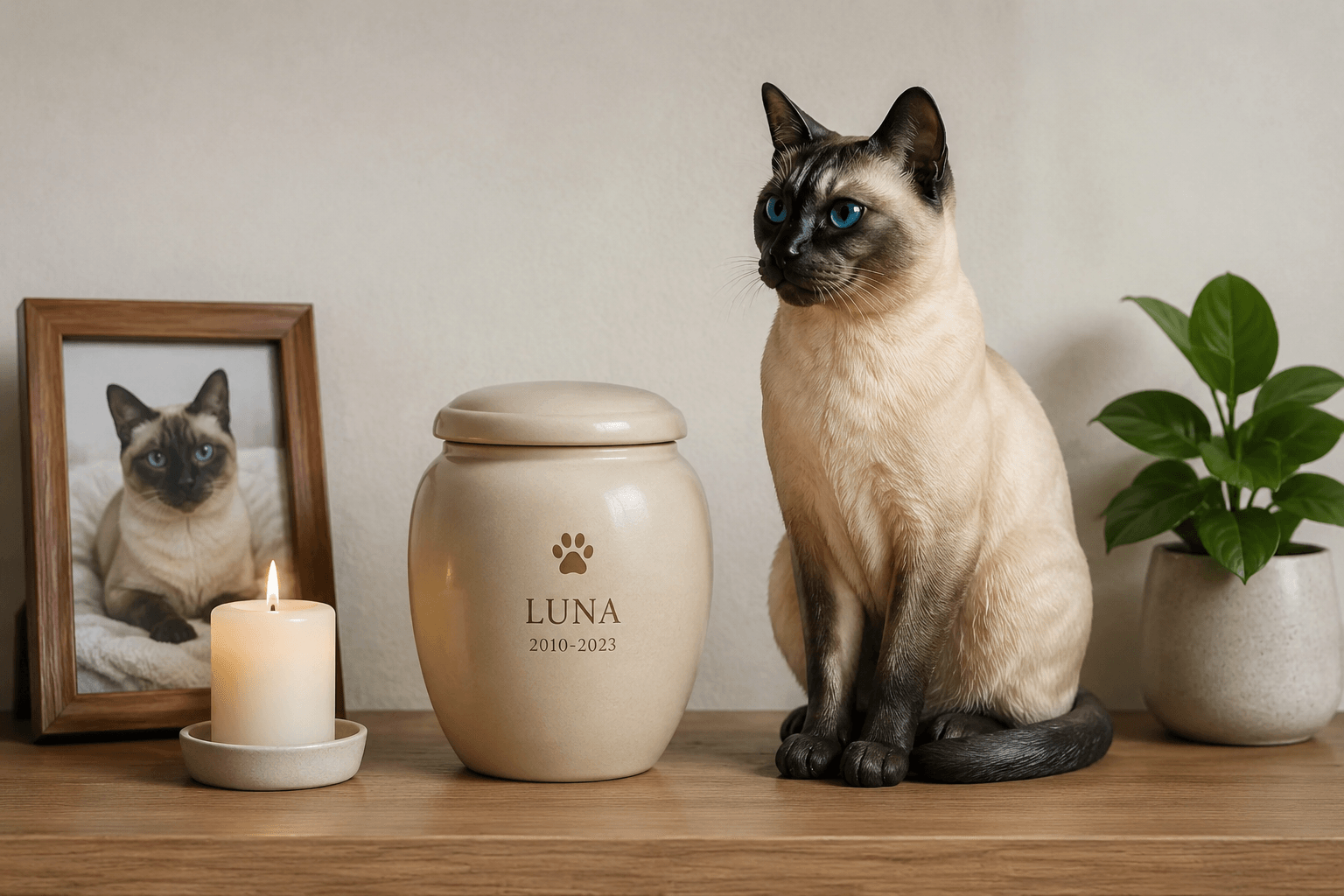 Full-color resin figurine of a Siamese cat beside a simple urn on a minimalist memorial shelf
