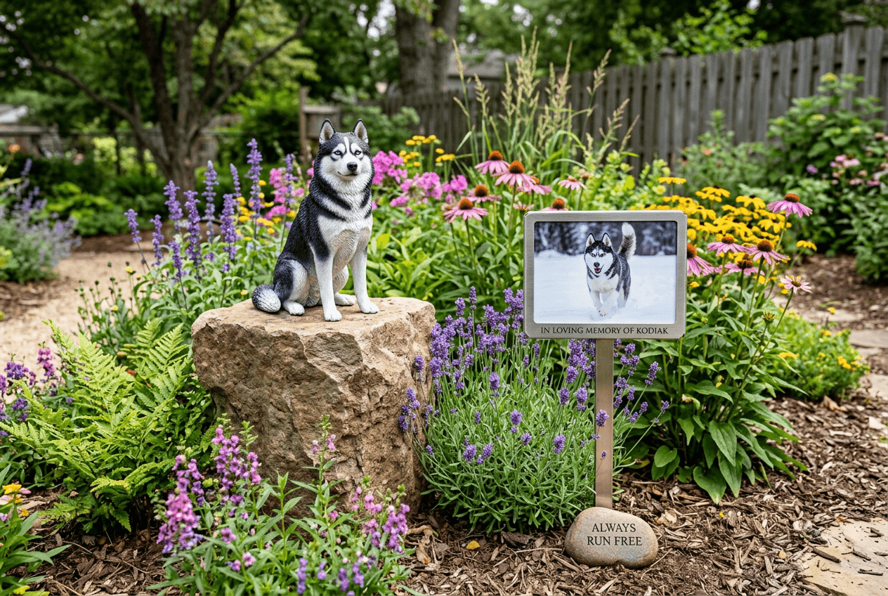 Husky 3D figurine on stone pedestal in memorial garden with native plants and photo of real dog in snow