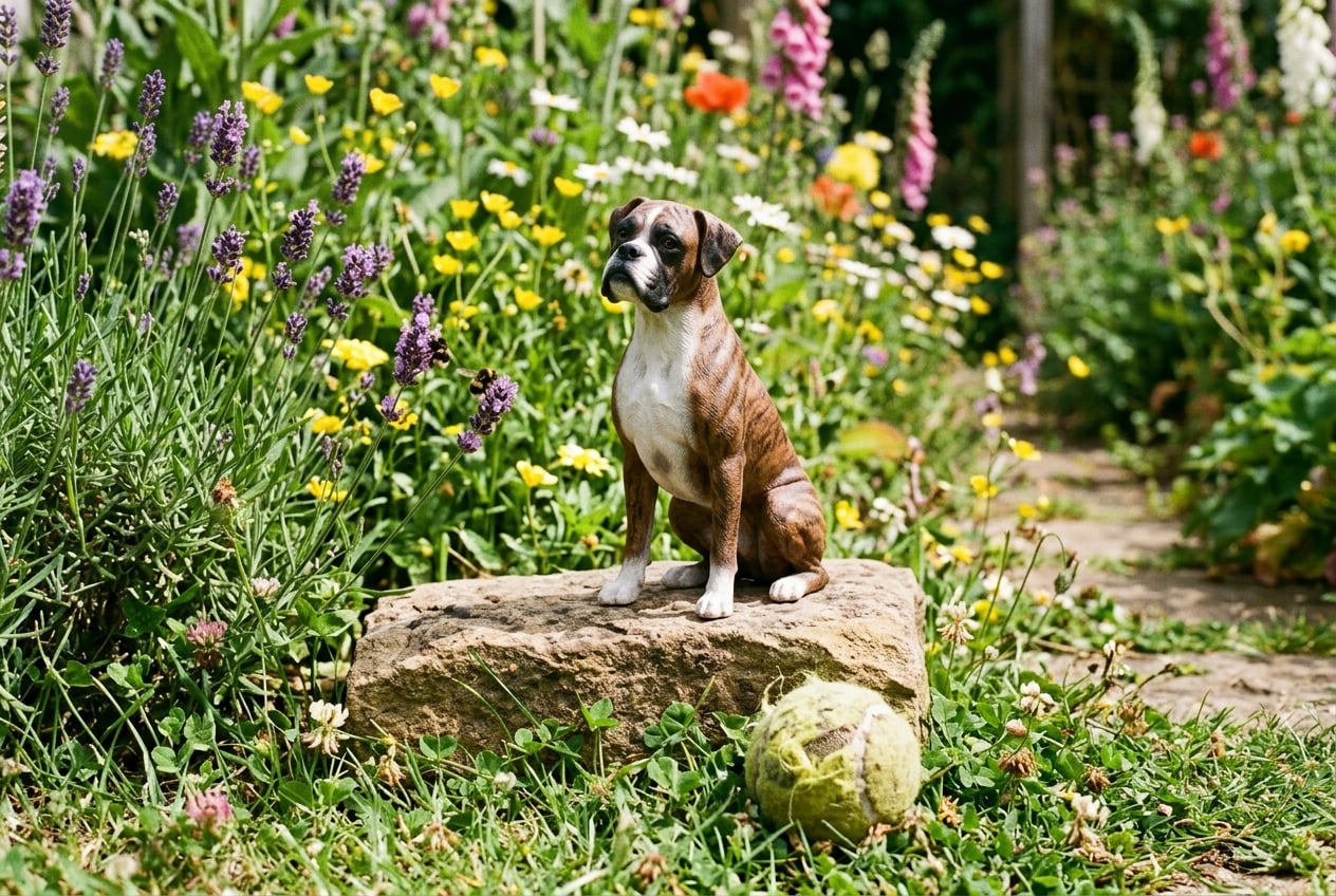 Full-color 3D printed resin Boxer figurine on a garden stone among wildflowers with a tennis ball in the grass